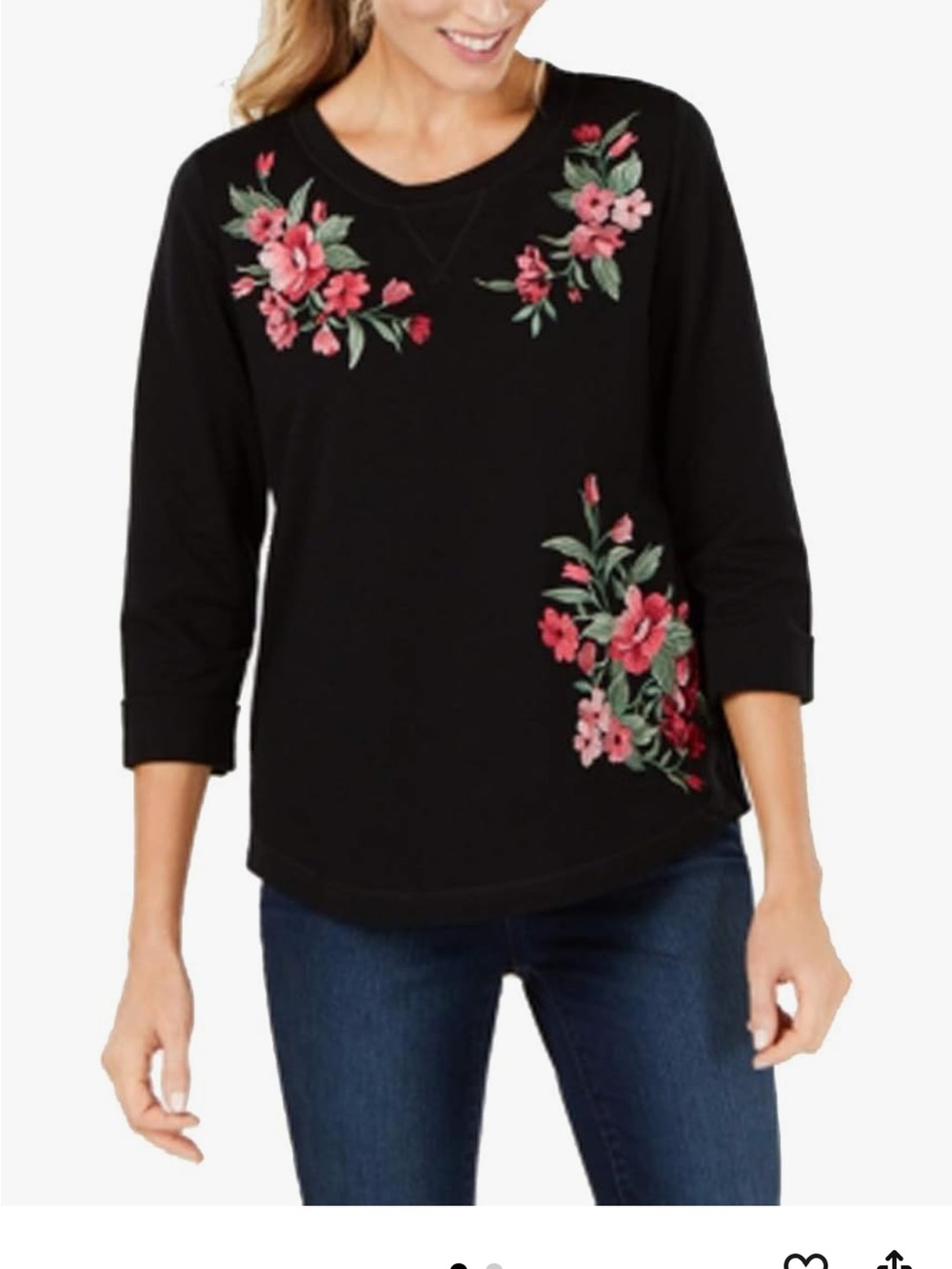 Karen Scott Black Crewneck Sweater with Pink Floral Embroidery